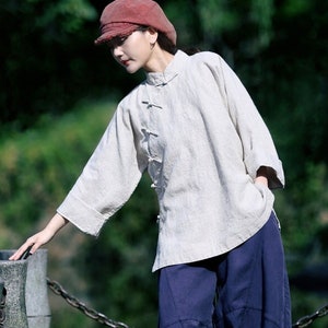 Linen tops for women, vintage shirt, linen clothing, linen tunic blouses, long sleeve top, plus size clothing, boho loose soft clothing F645