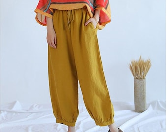 Cotton line pants for women Soft wide-leg trousers Elastic waist pants women's pants with pockets linen clothing relaxed fit pants loose F55