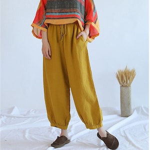 Cotton line pants for women Soft wide-leg trousers Elastic waist pants women&#39;s pants with pockets linen clothing relaxed fit pants loose F55