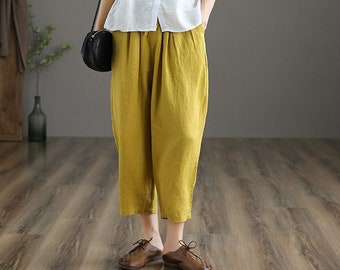 Women's linen pants with pockets linen cotton harem pants vintage trousers wide leg pants loose pants plus size pants casual boho pants F102