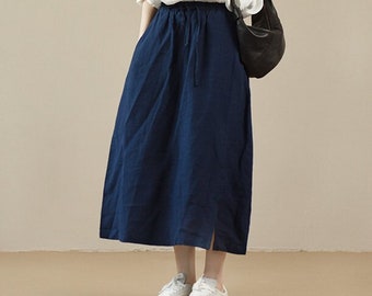 Summer linen skirt, elastic waist skirt, women's plus size skirt, linen skirt with pockets midi skirts linen clothing custom skirt boho F625