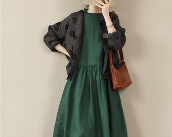 Women linen dress, linen shirt dress, soft casual boho linen clothing, long sleeves loose fitting dress plus size dress maternity dress N266