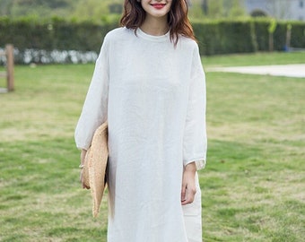 Women summer dress linen midi dress minimalist dress casual linen clothing long sleeves dress plus size dress maternity dress F519