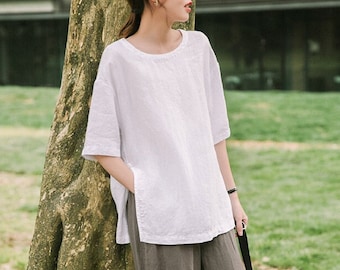 Women's linen top, loose linen tunic top, half sleeves shirt, boho plus size linen clothing, handmade loose soft tops linen blouses F464