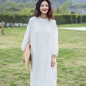 Women summer dress linen midi dress minimalist dress casual linen clothing long sleeves dress plus size dress maternity dress linen clothing