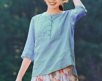 Linen top women's clothing Linen Short Sleeve top loose soft casual linen blouse women Plus Size clothes linen top for women N65