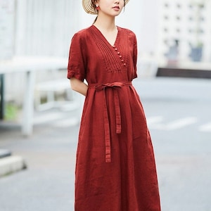 Linen Dresses for Women Linen Long Dress Flax Clothing Loose Midi Dress  Linen Short Sleeve Dress Plus Size Dress Summer Dress With Belt N39 