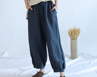 Leinenhose mit Tasche Leinen breite Haremshose Lockere lässige Damenhose Leinen Bekleidung weiche Hosen High Waist Hose Leinenhose F55