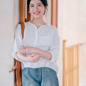 Camisa de lino para mujer, top de lino, túnica de lino de primavera de verano, blusa de lino puro, camisa casual suelta suave personalizada hecha a mano F468