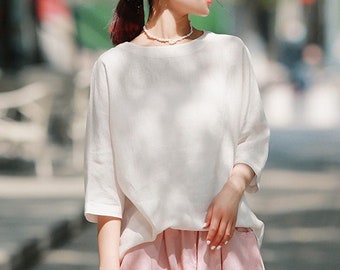 Women's linen top,round neck linen shirt,custom tops,3/4 sleeve shirt,100%linen clothing,loose summer blouse,Ladies Vintage Shirt F282