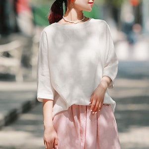 Top de lino para mujer, camisa de lino de cuello redondo, tops personalizados, camisa de manga 3/4, ropa 100% lino, blusa de verano suelta, camisa vintage para damas F282