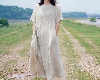 Women linen sundress, summer linen shirt dress, short sleeves midi dress, loose wrap dress, tunic shift dress, custom handmade clothing F126