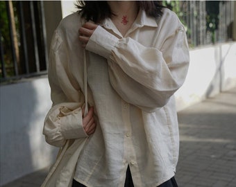 Women‘s linen tops lantern sleeve vintage long sleeve shirts buttoned loose top handmade custom plus size blouse 100% linen clothing F40