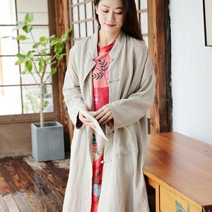 Women linen cardigan linen long coat spring summer long sleeves maxi dress loose casual tunic robe linen shirt dress plus size clothing F374