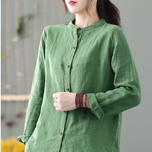 Tops de lino para mujer, camisa de lino con cuello en V, camisa personalizada de talla grande, camisa casual suelta de manga larga, ropa 100% lino, camisa de verano F231