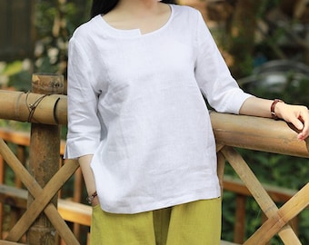 Women Tops 100% Pure Linen Tops loose soft casual linen blouse fall linen shirt long sleeves crop top linen shirt for women plus size F436