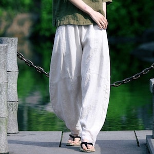 Linen pants for women, loose soft elastic waist pants, wide leg harem pants, plus size pants, oversized custom boho pure linen clothing B33