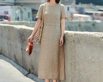 Women's dress casual Pure linen dress Linen tunic dress High waist dress home wear dress over the knee linen dress for women midi dress F203