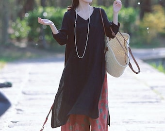 Summer Linen Dress for Women, Linen Tunic Top Robes. Linen Sundress, Linen Shirtdress, Long Top, Long Sleeves Loose Boho Dress F463
