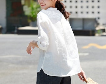 Bianstore Camicie Da Donna In Lino Oversize: Top Con Maniche Lunghe, Colletto, Tasche E Orlo Irregolare. Perfetta Per Un Look Casual O Da Ufficio. - 4