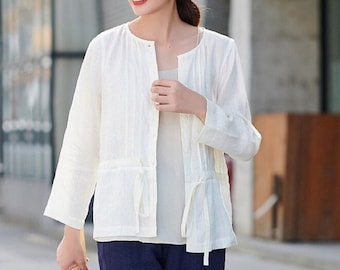 Women Long Sleeve Coat Linen Blouses Pure Linen Cardigan Custom Oversize Loose Soft Casual Linen Tops Linen Clothing Plus Size Clothing F245