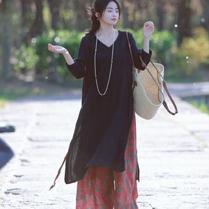 Vestido de lino de verano para mujer, batas superiores de túnica de lino. Vestido de lino, vestido camisero de lino, top largo, vestido boho suelto de manga larga F463