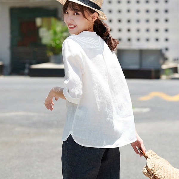 Chemise en lin pour femmes manches longues hauts en lin chemise blanche surdimensionnée ample doux décontracté chemisiers en lin personnalisés pure plus taille vêtements F19