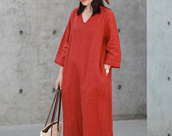 Women dress casual  linen midi dress soft linen clothing plus size dress over the knee linen dress Loose dress with pockets N105