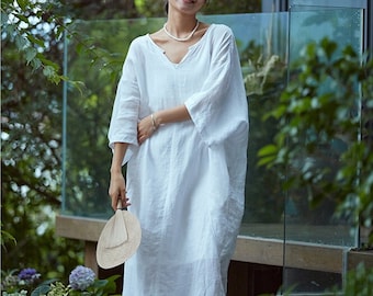 Women linen dress casual soft oversized kaftan robes dress linen clothing short sleeve dress plus size maternity dress Pure Linen Dress F369