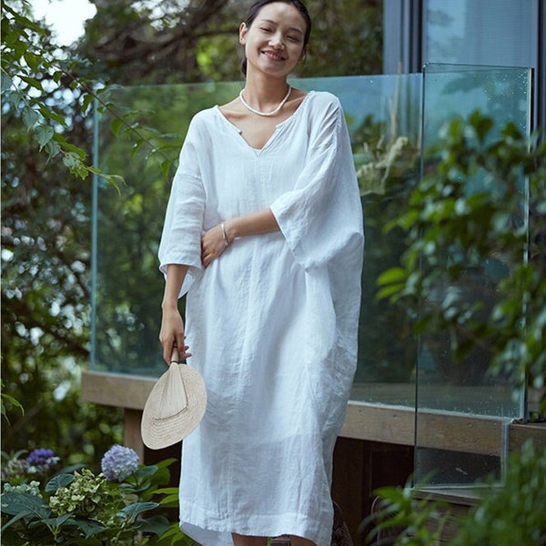 Women linen dress casual soft oversized kaftan robes dress linen clothing short sleeve dress plus size maternity dress Pure Linen Dress F369