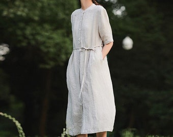 Women dress plus size linen dress short-sleeved dress Washed dress soft linen clothing women oversize dress High Waist dress F08