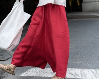 Linen pants vintage women's wide leg pants drop crotch pants pure linen clothing plus size linen custom pants casual loose pants F105