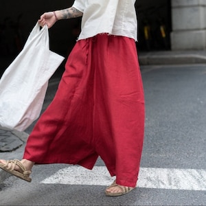 Linen pants vintage women&#39;s wide leg pants drop crotch pants pure linen clothing plus size linen custom pants casual loose pants F105