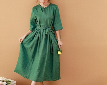 Women dress linen dress with pockets custom dress 100%linen clothing vintage dress for women button dress midi dress with belt N28
