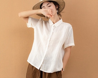 Women's linen top button up shirt oversized crop tops loose linen blouse women short sleeve linen shirt 100% plus size linen clothing B194