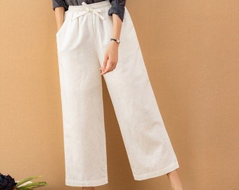 Women pants with pockets linen trousers wide leg pants casual pants elastic waist custom pants large size trousers 100% linen clothing N05-1