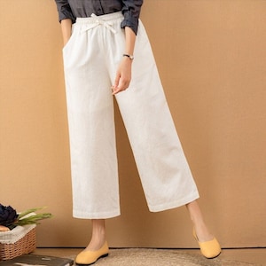 Women pants with pockets linen trousers wide leg pants casual pants elastic waist custom pants large size trousers 100% linen clothing N05-1