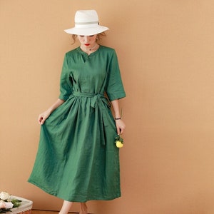 Women dress linen dress with pockets custom dress 100%linen clothing vintage dress for women button dress midi dress with belt N28