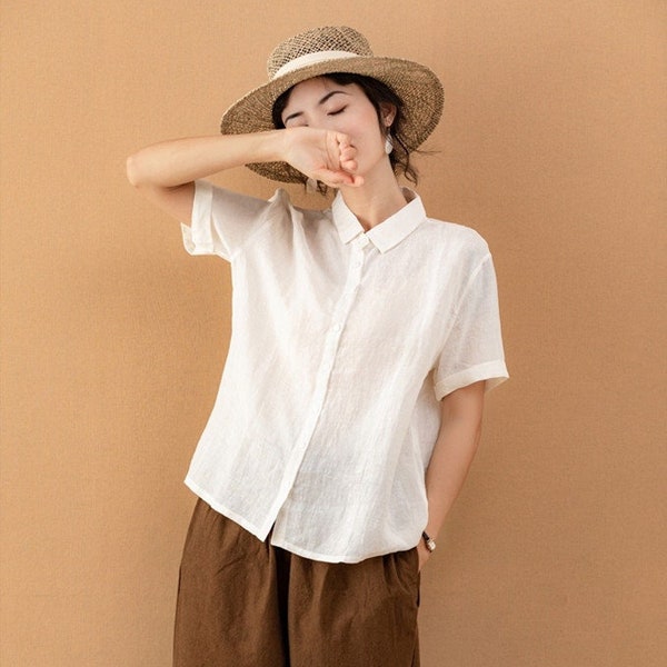 Women's linen top button up shirt oversized crop tops loose linen blouse women short sleeve linen shirt 100% plus size linen clothing B194