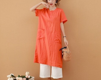 Women‘s linen dresses with pockets loose 100% linen clothing custom handmade linen dress short sleeve dress linen clothing F367