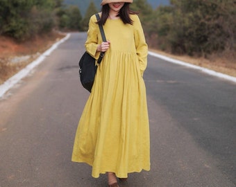 Women dresses for fall with pocket cotton dress Long Sleeves dress plus size clothing maxi round neck dress casual loose custom dress A38