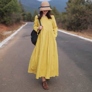 Vestidos de mujer para otoño con bolsillo vestido de algodón Vestido de manga larga Ropa de talla grande Vestido maxi de cuello redondo Vestido casual suelto personalizado A38