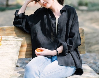 Linen shirts for women linen tunic tops spring  custom oversized handmade casual loose soft linen blouses plus size clothing boho F443