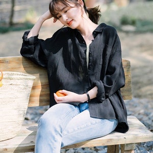 Camisas de lino para mujer, tops de túnica de lino, blusas de lino suaves sueltas informales hechas a mano de gran tamaño personalizadas de primavera, ropa de talla grande boho F443