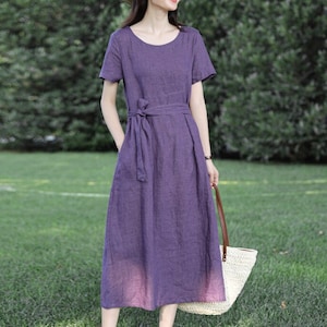 Linen dress Short sleeved dress for women  linen long dress Women&#39;s dress plus size midi dress Customized clothing F23