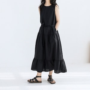 Women Linen Dress Sleeveless Pure Linen Dress Loose Linen Clothing Summer Casual Plus Size Midi Dress Soft Customized Maxi Sundress F342