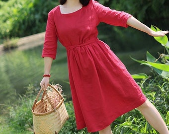 Women linen wrap dresses fall washed soft linen clothing Linen tunic dress Knee length dress Plus Size Linen Dress loose dress for girl F167