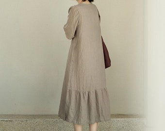 Women's linen dresses, linen midi dress, loose casual tunic shift dress, shirt dress, pure linen clothing, boho custom handmade clothes F28