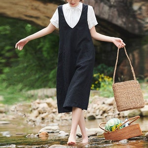 Pure linen dresses for women loose casual linen long dress Plus size dress women sleeveless dress midi dress handmade custom clothing F151