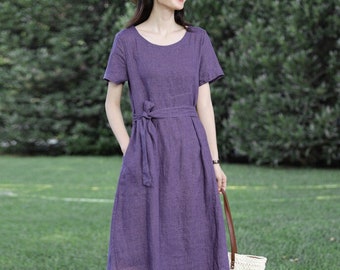 Linen dress Short sleeved dress for women  linen long dress Women's dress plus size midi dress Customized clothing F23